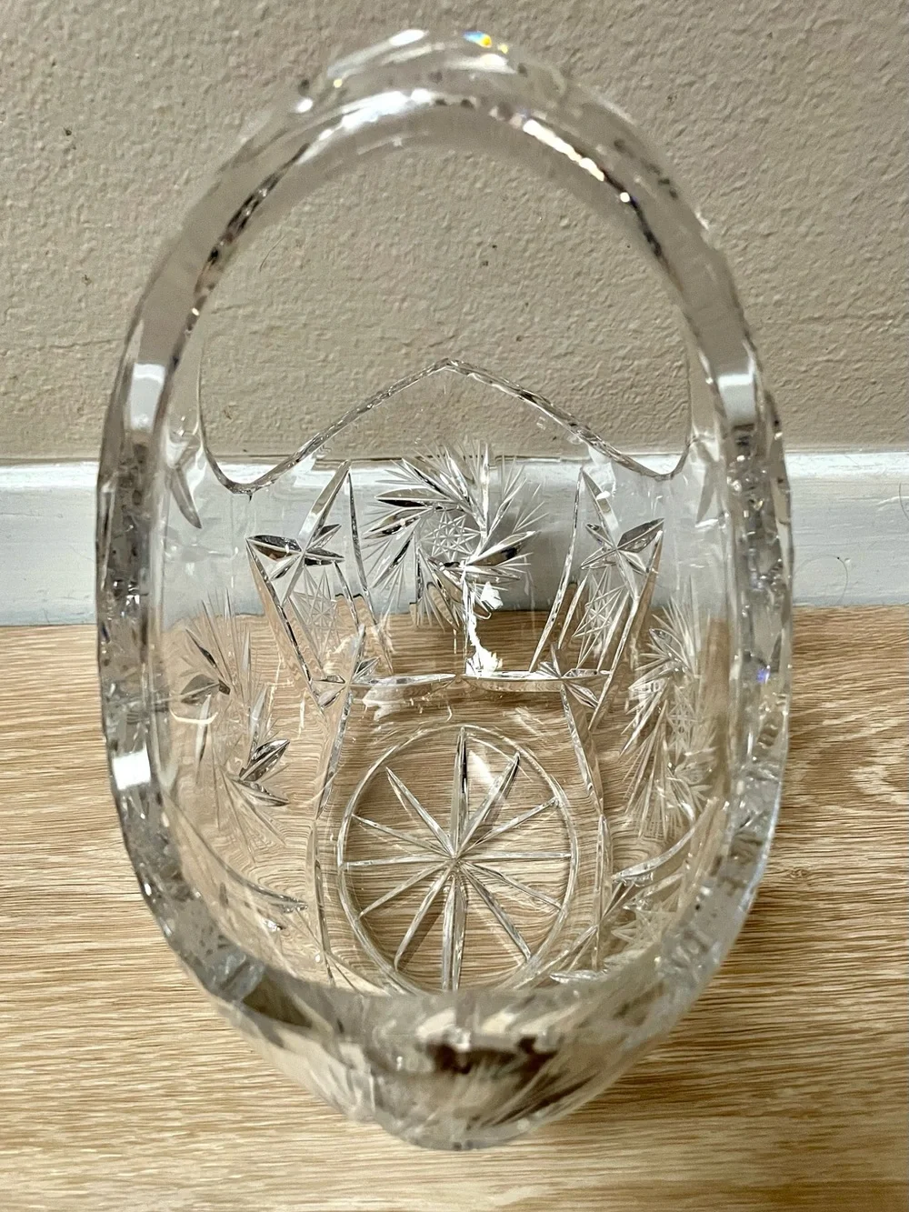 Cut Crystal Basket — Clear Glass Decorative Bowl